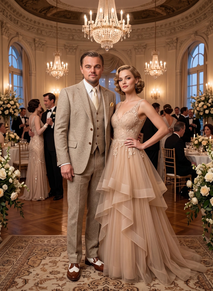 Men’s Light Tan Tweed Great Gatsby 3 Piece Suit – Vintage Vested Wedding Suit, 1920s Classic Formal Outfit Herringbone