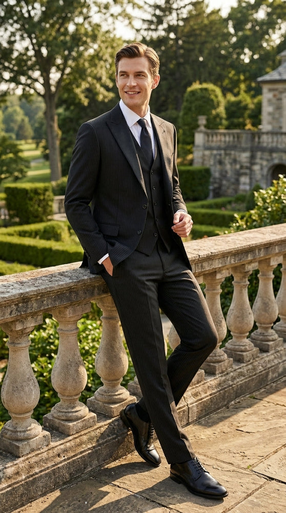 Vitali Mens Black Tone on Tone Shadow Stripe Vested Suit Set – 3 Piece Modern Fit Pinstripe Two Buttons