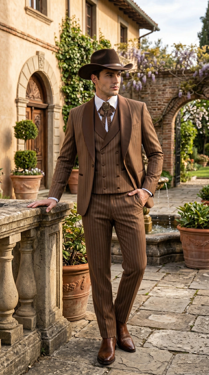 Men’s Brown Pinstripe Western Cowboy Tuxedo, Contrast Shawl Lapel Formal Suit for Weddings, Prom, Parties, and Special Occasions