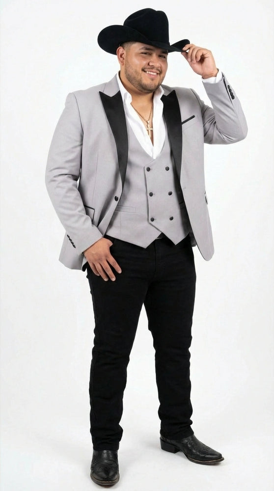 Men’s Light Gray Cowboy Tuxedo with Black Satin Lapel – Western Formal Suit with Double Breasted Vest