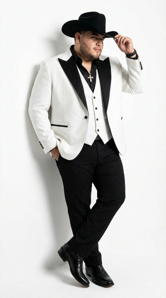 Men’s White Cowboy Tuxedo with Black Satin Lapel – Western Formal Suit with Matching Vest
