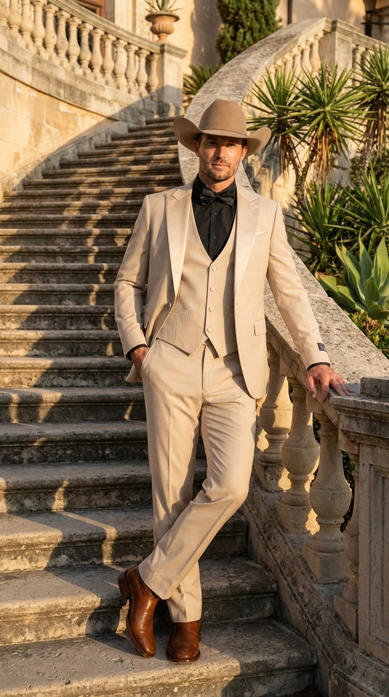 Men’s Tan Cowboy Suit – Western Formal Two Piece Suit for Weddings,  Champaign Sand Color