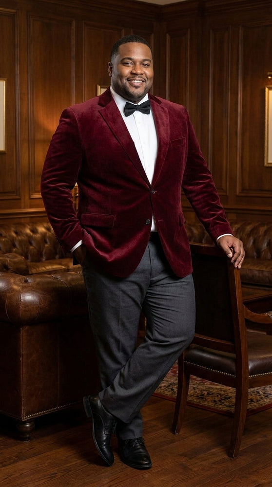 Men’s Gomez Addams Inspired Costume, Burgundy Velvet Blazer with Black Pants Formal Party Outfit Combo