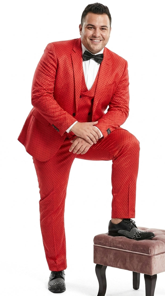 Tazio Men’s Cherry Red and Black  Polka-Dot 3-Piece Suit – Skinny Fit Prom, Wedding and Party Suit or Tuxedo