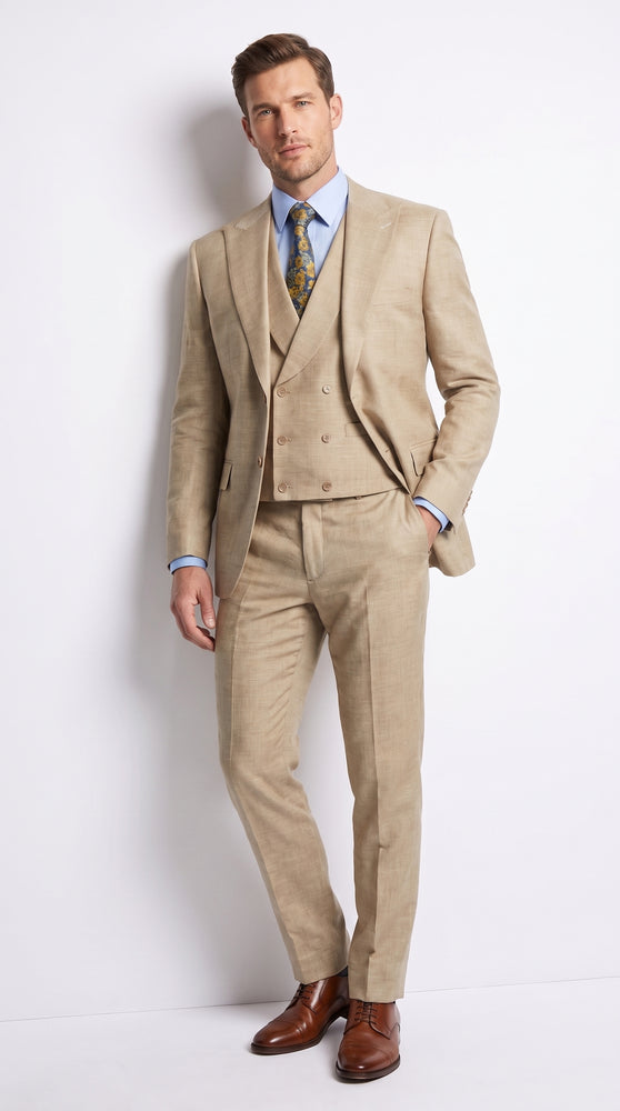 Men’s Great Gatsby Tan Summer Sharkskin 3 Piece – Double Breasted Vest Classic 1920s Groosmen Suit