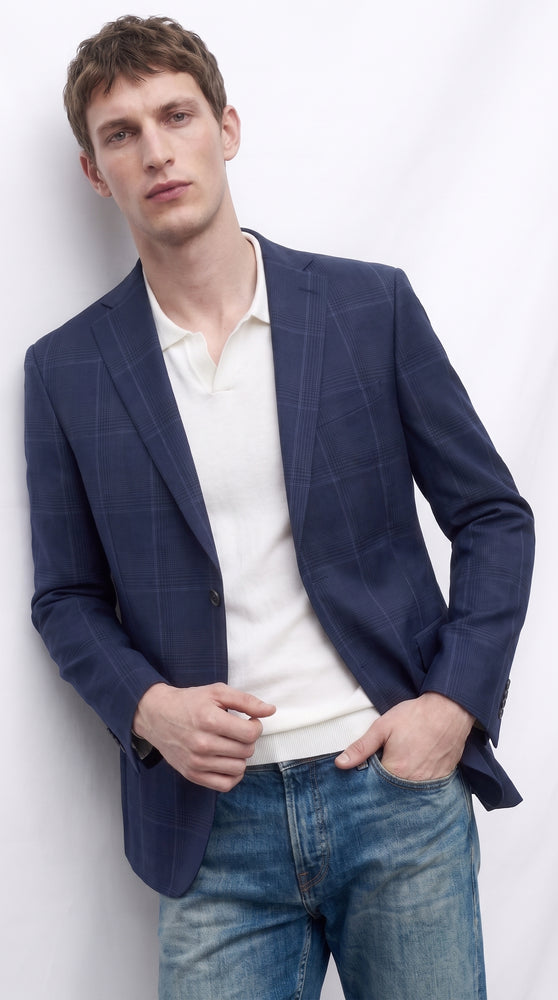 Men’s Navy Blue Plaid Wool Blazer – English Style Textured Wool Winter Sport Coat  Windowpane pattern