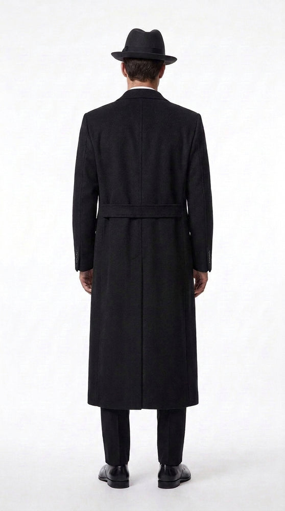 Men’s Godfather Black Double-Breasted Long Overcoat – Vintage Mobster Gangster Coat