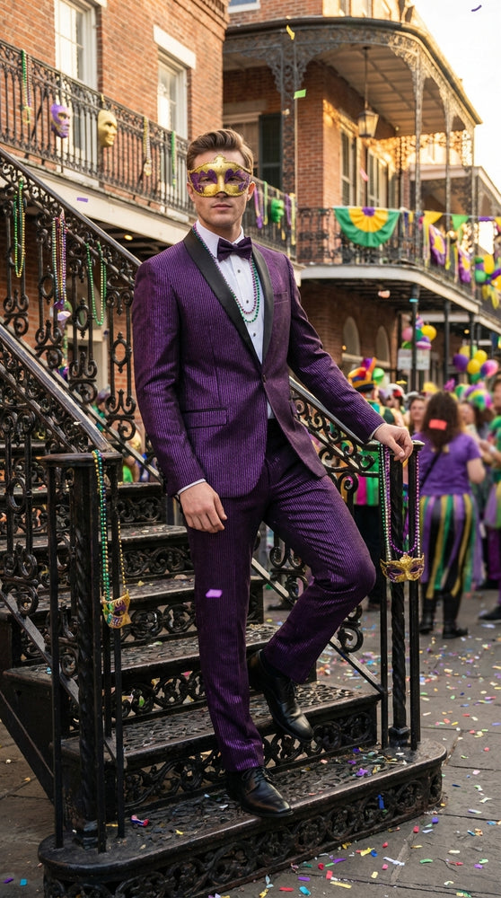 Mens Purple Shimmer Mardi Gras Suit with Black Satin Lapel – Shiny Metallic Formal Party and Carnival Suit Sequin Look