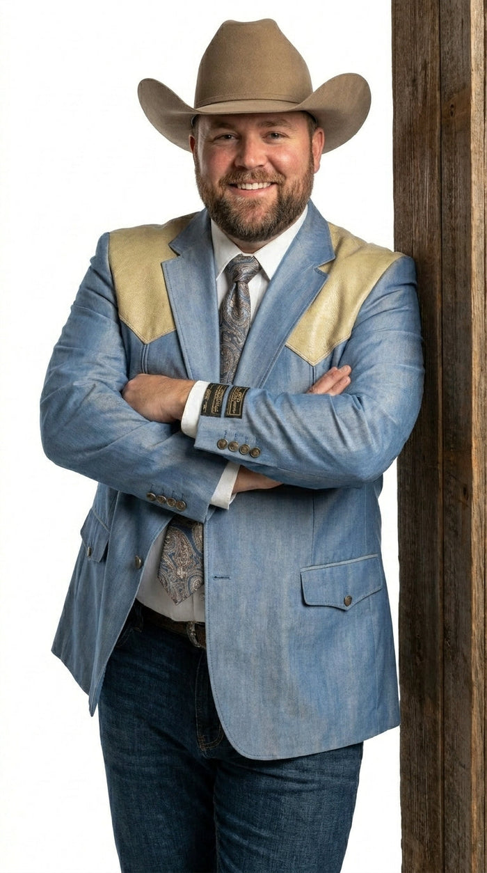 Men’s Steel - Light Blue and Off White Cream Color Western Cowboy Blazer – Shiny Country Style Dress Jacket for Rodeo Saco De Hombre Vaquero