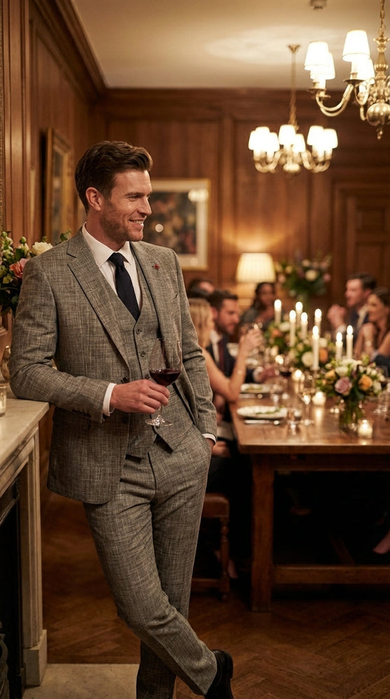 Vitali Brand Men’s Grey Textured Patterned 3 Piece Suit – Modern Fit Checkered Sharkskin with Blazer, Vest & Trousers, Business Wedding