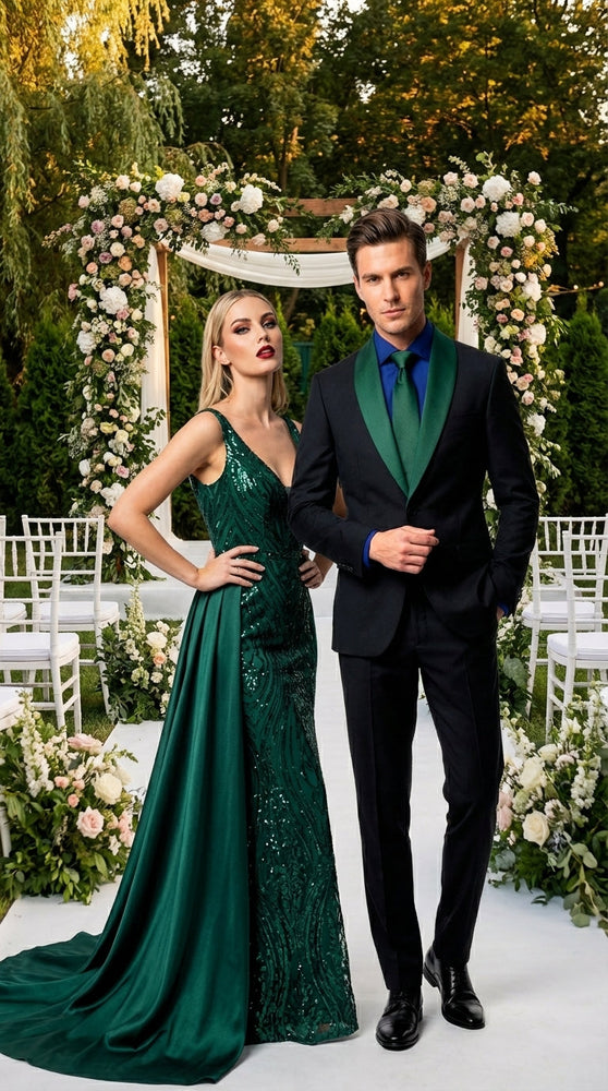 Men’s Black Suit with Hunter Green Shawl Lapel – Black and Hunter Green Formal Tuxedo Suit for Wedding, Prom With Bow Tie