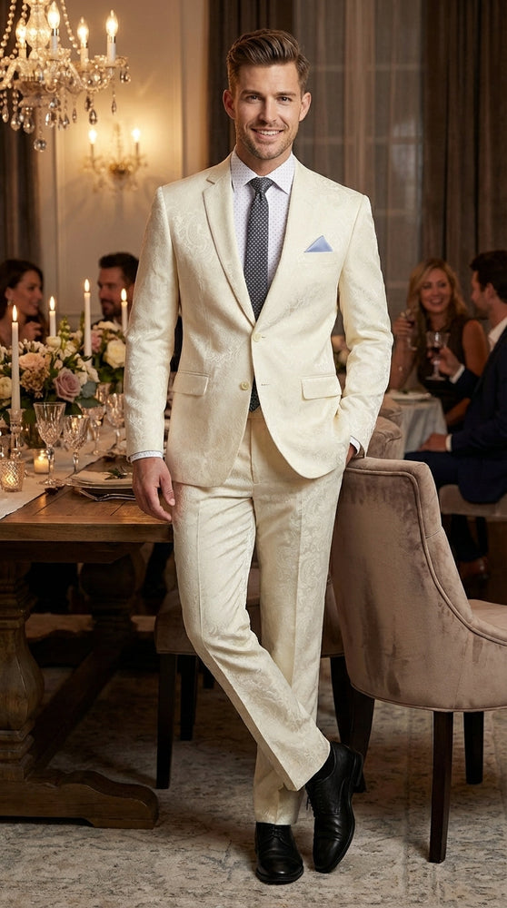 Men’s Ivory Paisley Shiny Suit – Flroal Formal Wedding and Prom Suit for Party, in Cream Off White