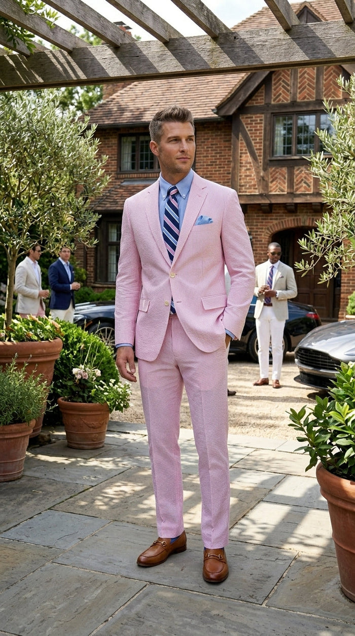 Men’s Pink Seersucker 2 Piece Suit, Lightweight Summer Dress Suit for Weddings, Prom, Parties, and Special Occasions