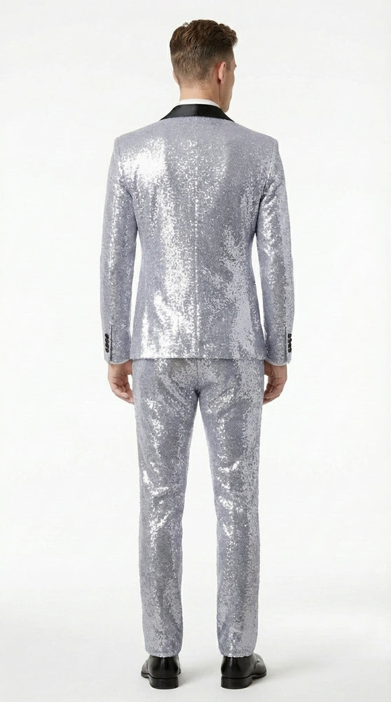 Mens Silver Grey Sequin Tuxedo Suit – Shiny Wedding Suit Set with Black Lapel for Prom, Party, Gala and Formal Evening Wear