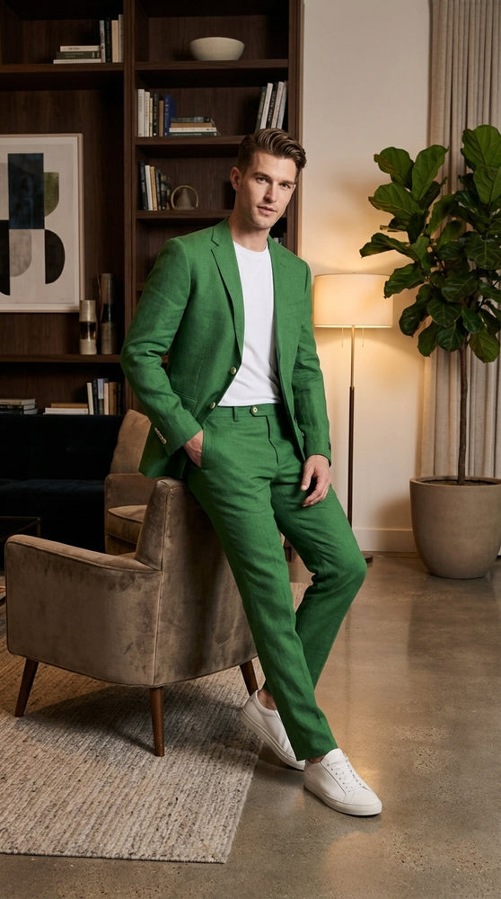 Men’s Emerald Green Suit Set – Lightweight Summer Blazer and Pants, Casual Formal Summer Suit, Breathable Wedding Party Outfit