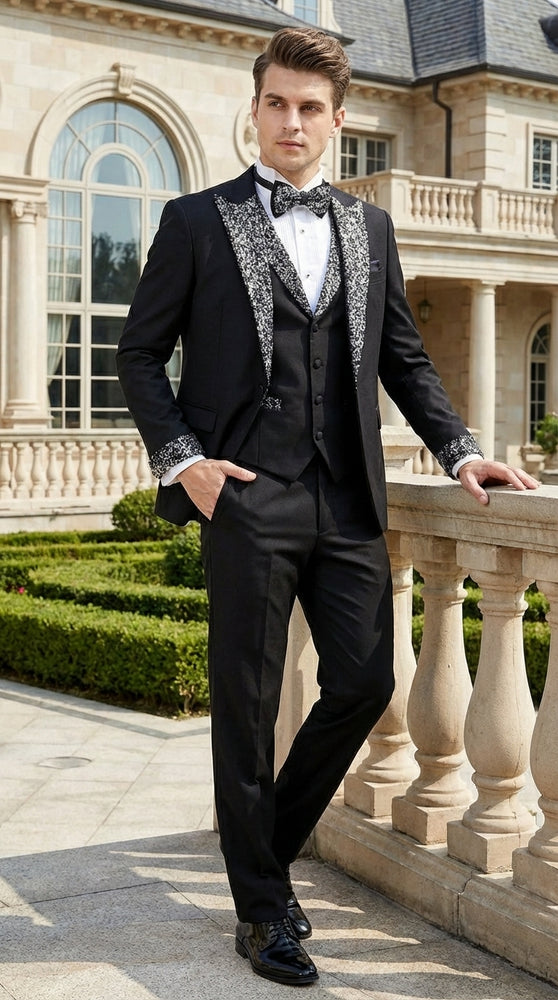 Mens Black and White Lapel Tuxedo Suit – Black Formal Tuxedo with White Pattern Lapel for Wedding, Prom and Evening Events