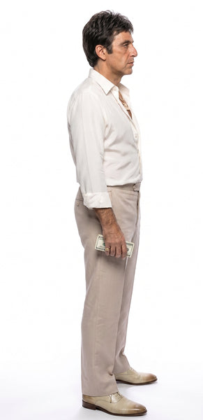 Tony Montana’s White Linen Shirt and Tan Pants – Men’s White Formal Shirt with Tan Trousers for Party, Wedding and Vintage Style Outfit
