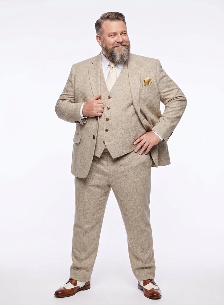 Men’s Light Tan Tweed Great Gatsby 3 Piece Suit – Vintage Vested Wedding Suit, 1920s Classic Formal Outfit Herringbone