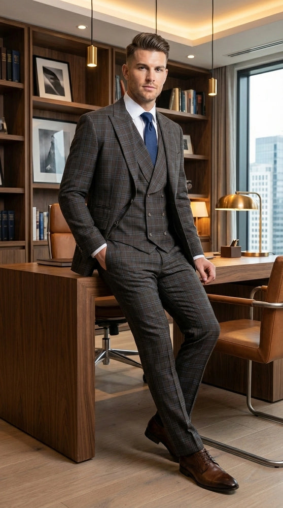 Vitali Men’s Brown Grey with Blue Check 3 Piece Suit – Classic Plaid Formal Suit Set with Blazer, Vest & Trousers, Business Wedding Party Wear for Men Slim Fit