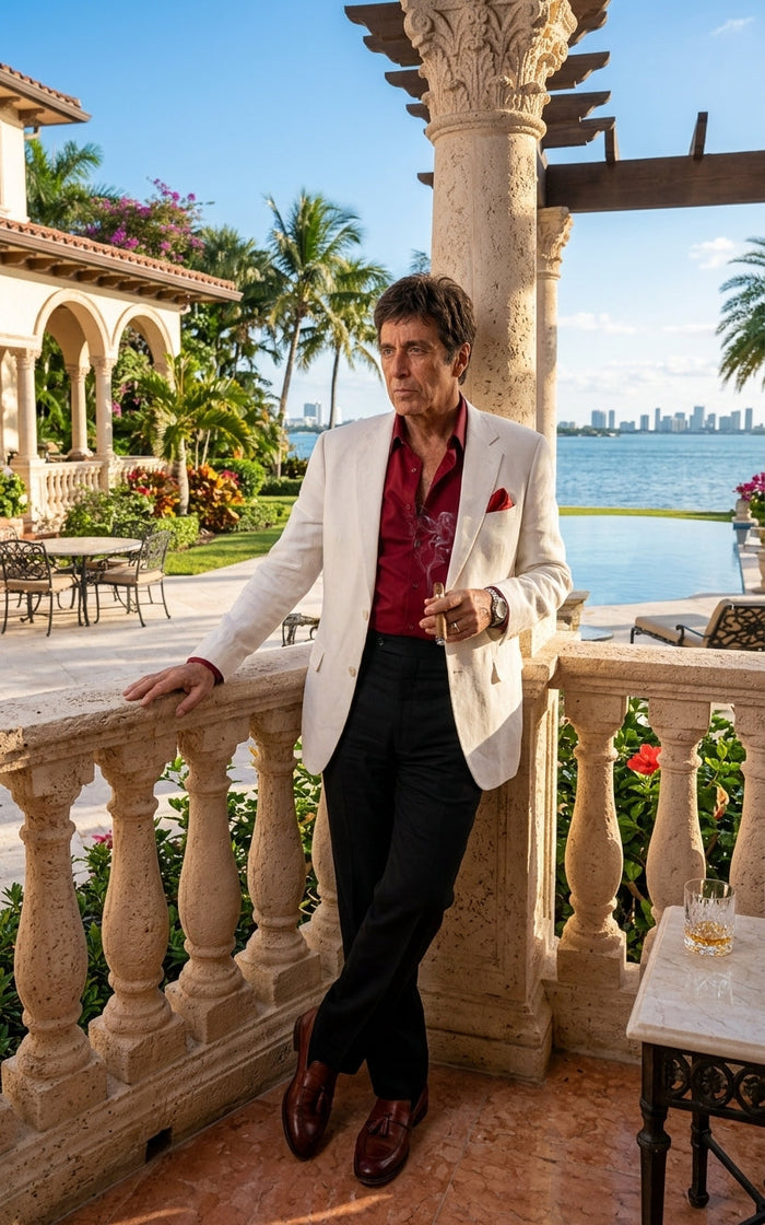 Tony Montana’s White Blazer Red Shirt Black Pants – Men’s White Blazer Outfit with Red Shirt and Black Trousers for Party, Wedding and Vintage Style Wear