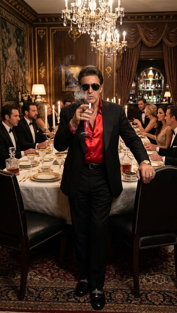 Tony Montana’s Black Blazer with Red Sateen Shirt – Men’s Black Formal Blazer and Red Satin Style Shirt Outfit for Party, Wedding and Vintage Wear