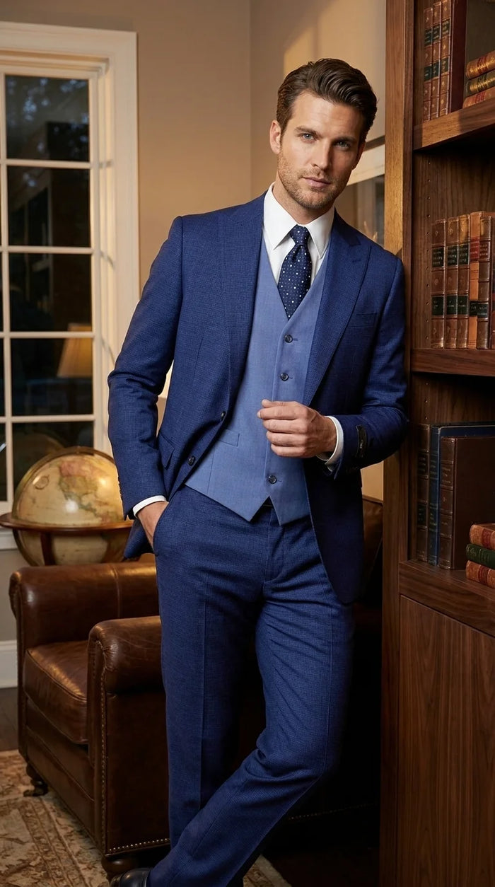 Vitali Men’s Navy Blue 3 Piece Suit with Light Blue Vest, Textured Formal Dress Suit for Weddings, Prom, Business Events, and Parties