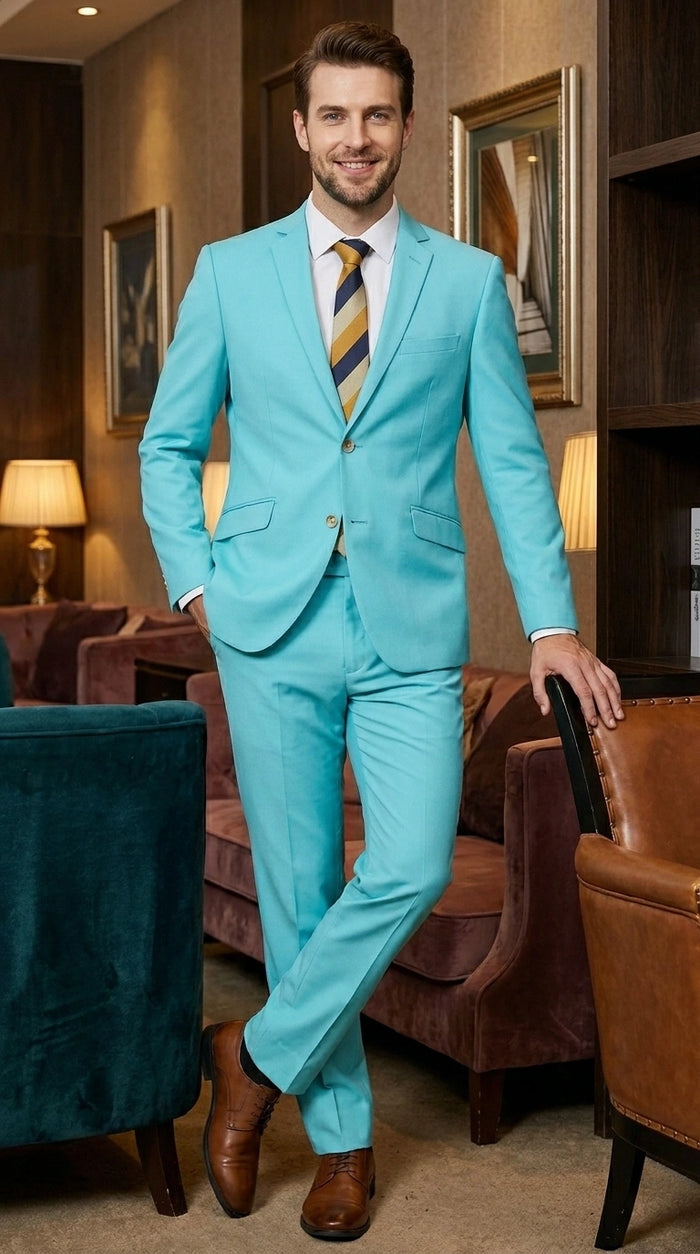 Men’s Aqua Blue 2 Piece 2 Button Suit, Formal Dress Suit for Weddings, Prom, Parties, Summer Events, Turquoise Light blue
