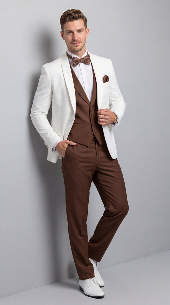 Men’s Ivory and Brown 3 Piece Suit – Elegant White Blazer with Brown Vest and Trousers for Wedding, Prom and Formal Events in off White Cream + Bowtie