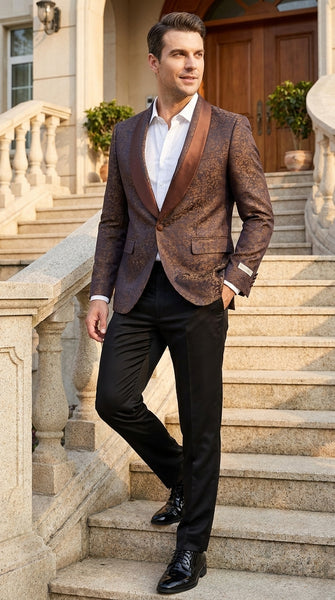 Men’s Light Brown Paisley Tuxedo Jacket, Wedding Prom Dinner Blazer with Satin Shawl Lapel