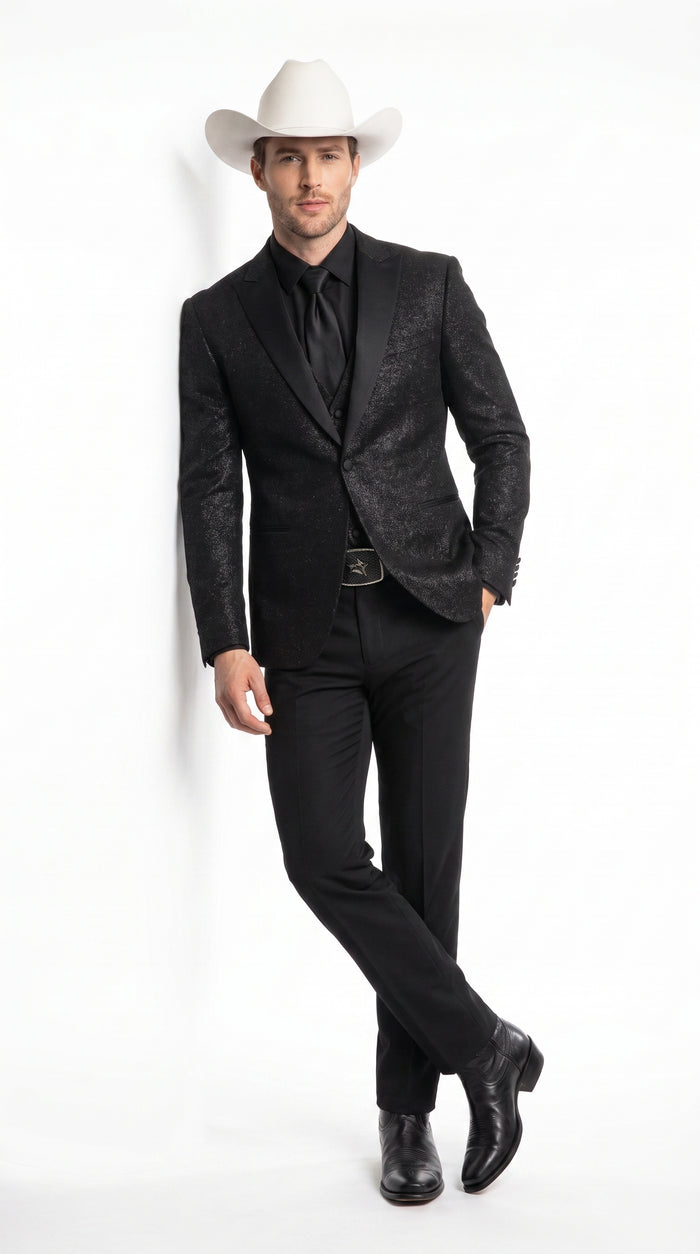 Men’s Black Western Tuxedo Blazer – Shimmer Cowboy Dinner Jacket Shiny Sparkely