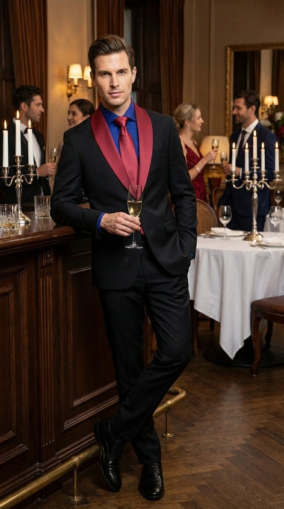 Men’s Black Suit with Burgundy Shawl Lapel –  Formal Tuxedo Suit for Wedding, Prom and Evening Events + Bowtie & Tie