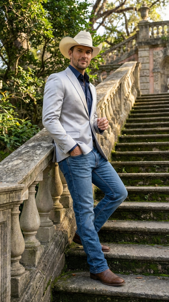 Mens Shiny Silver Cowboy Blazer – Western Style Satin Finish Blazer for Party, Country Events and Evening Wear