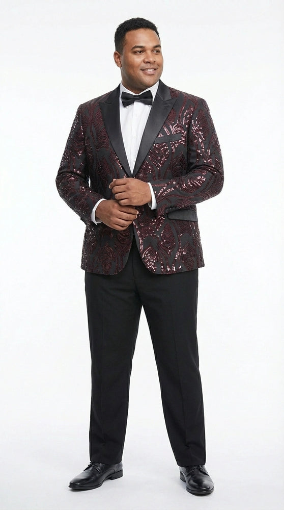Men’s Black and Burgundy Sequin Blazer – Black Sparkle Sequin Party Blazer with Burgundy Pattern for Prom, Wedding Slim Fitted