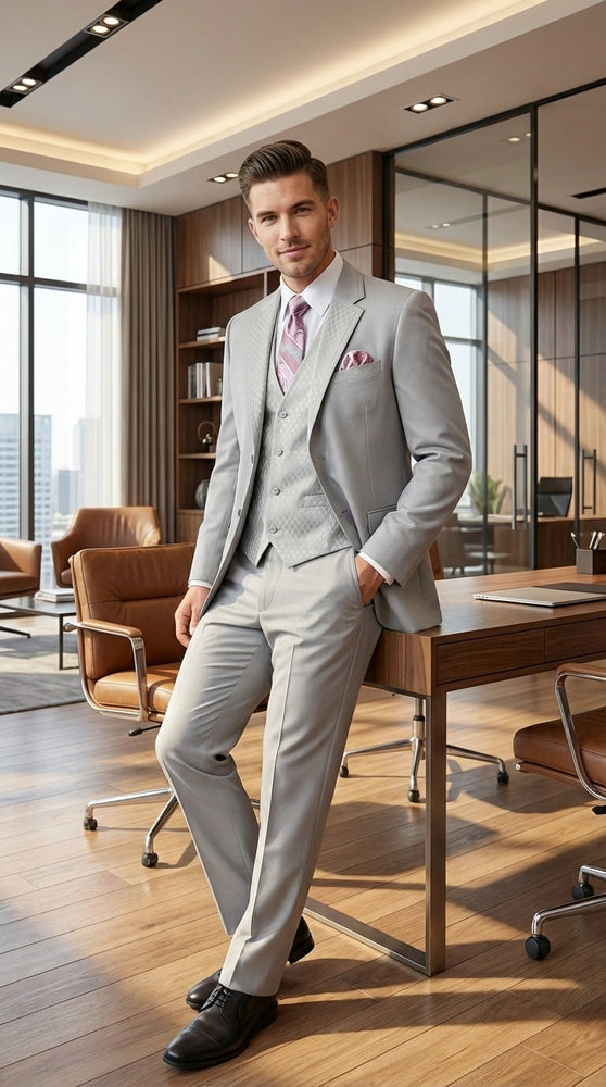 Men’s Light Gray 3 Piece Suit – Ice Silver Gray Formal Suit Set with Vest, Patterned Lapel and Tie for Wedding, Prom and Business Events