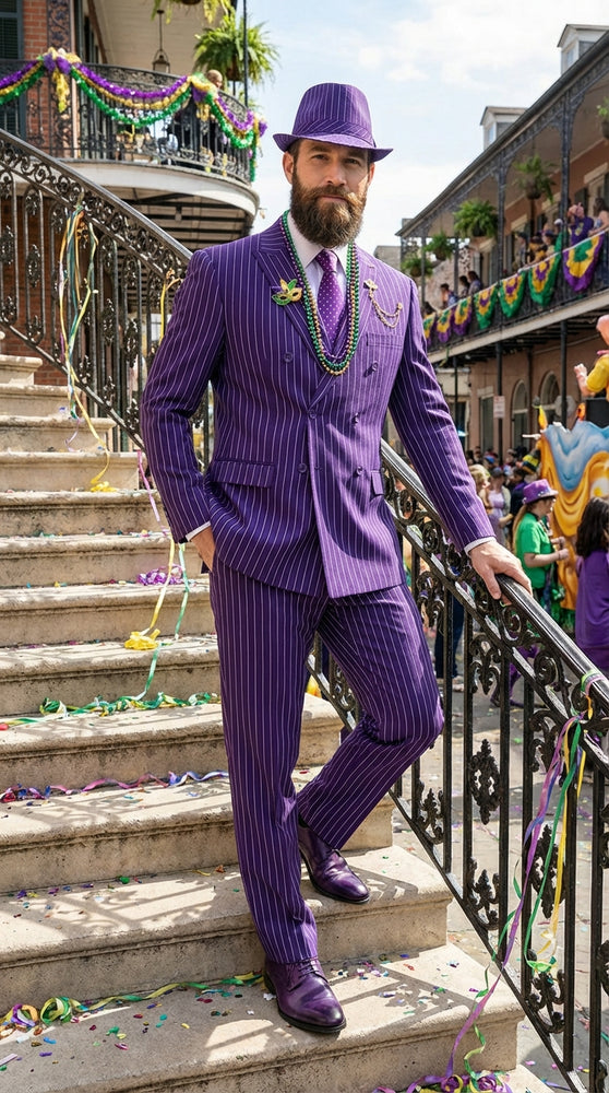 Men’s Purple Pinstripe Mardi Gras Suit | Classic Double Breasted Formal Carnival Suit