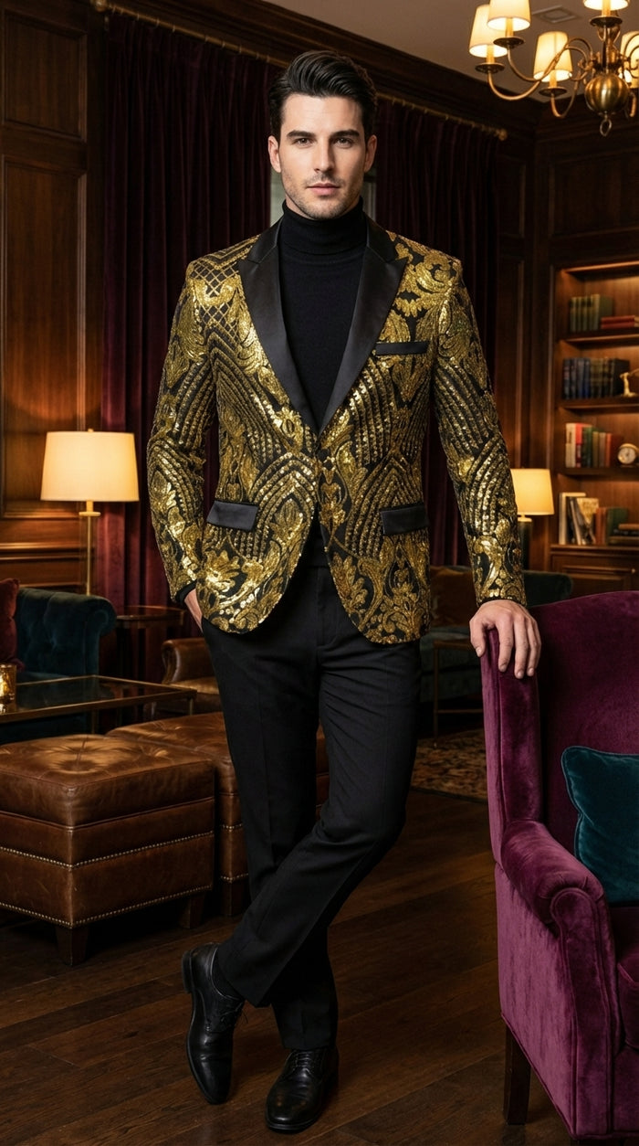 Mens Black and Gold Pattern Blazer – Gold Floral Luxury Formal Blazer Jacket for Prom, Wedding and Party Slim Fitted