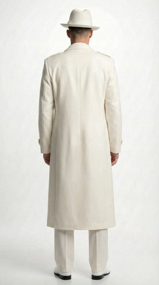 Men’s Ivory Cream Off White  Full Length Zoot Suit – Vintage Gangster Style Long Coat Formal Suit