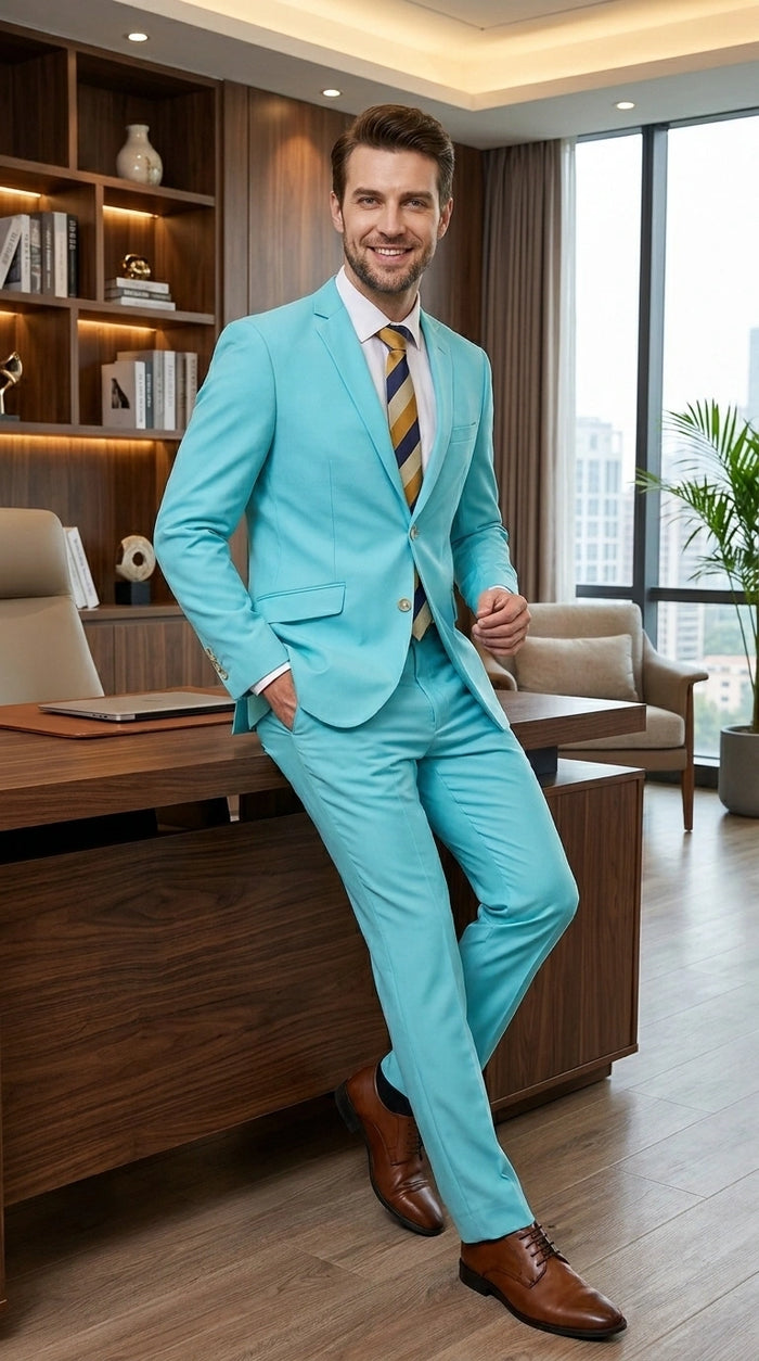 Men’s Aqua Blue 2 Piece 2 Button Suit, Formal Dress Suit for Weddings, Prom, Parties, Summer Events, Turquoise Light blue