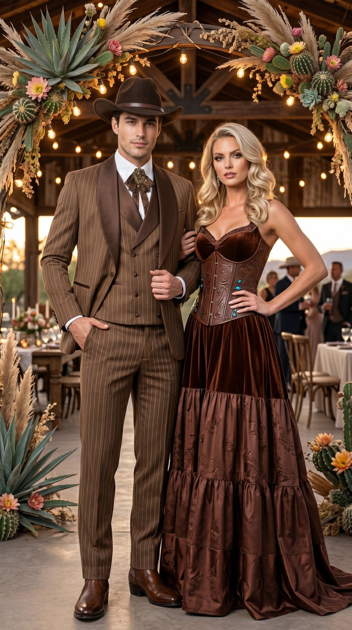 Men’s Brown Pinstripe Western Cowboy Tuxedo, Contrast Shawl Lapel Formal Suit for Weddings, Prom, Parties, and Special Occasions