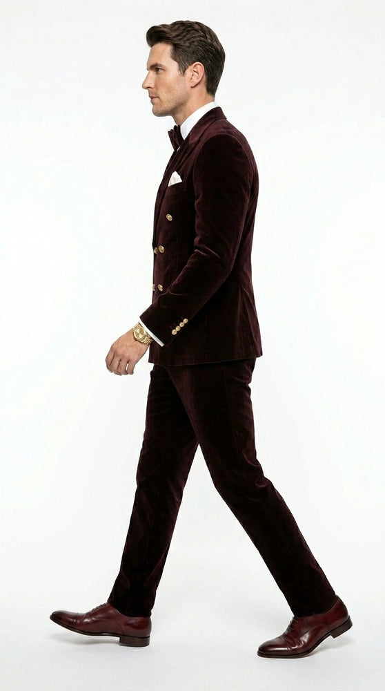 Men’s Dark Brown Velvet Blazer and Pants 2 Piece Suit, Double Breasted Formal Dinner Suit for Weddings, Prom