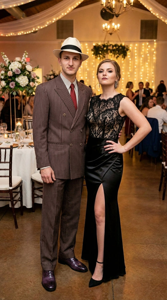 Men’s Brown Pinstripe Bonnie and Clyde Costume Suit – Vintage Gangster 1920s Outfit for Party, Halloween and Themed Events