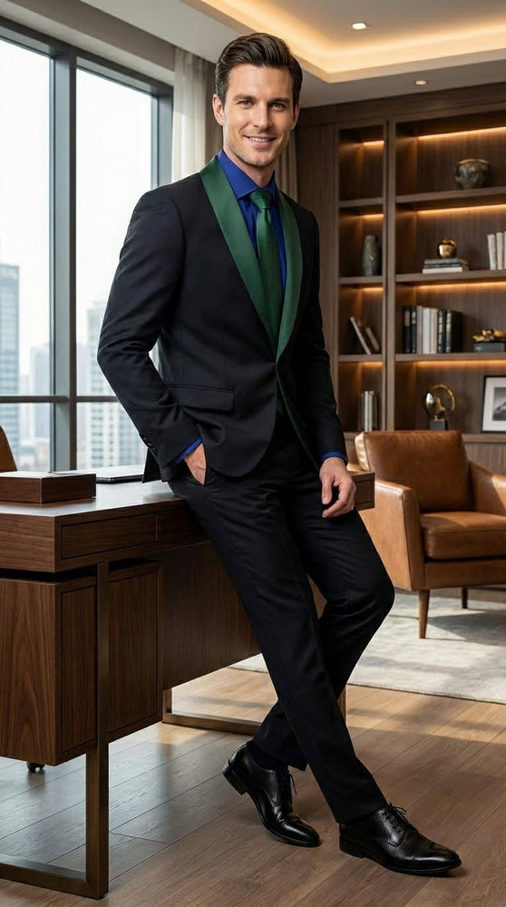 Men’s Black Suit with Hunter Green Shawl Lapel – Black and Hunter Green Formal Tuxedo Suit for Wedding, Prom With Bow Tie