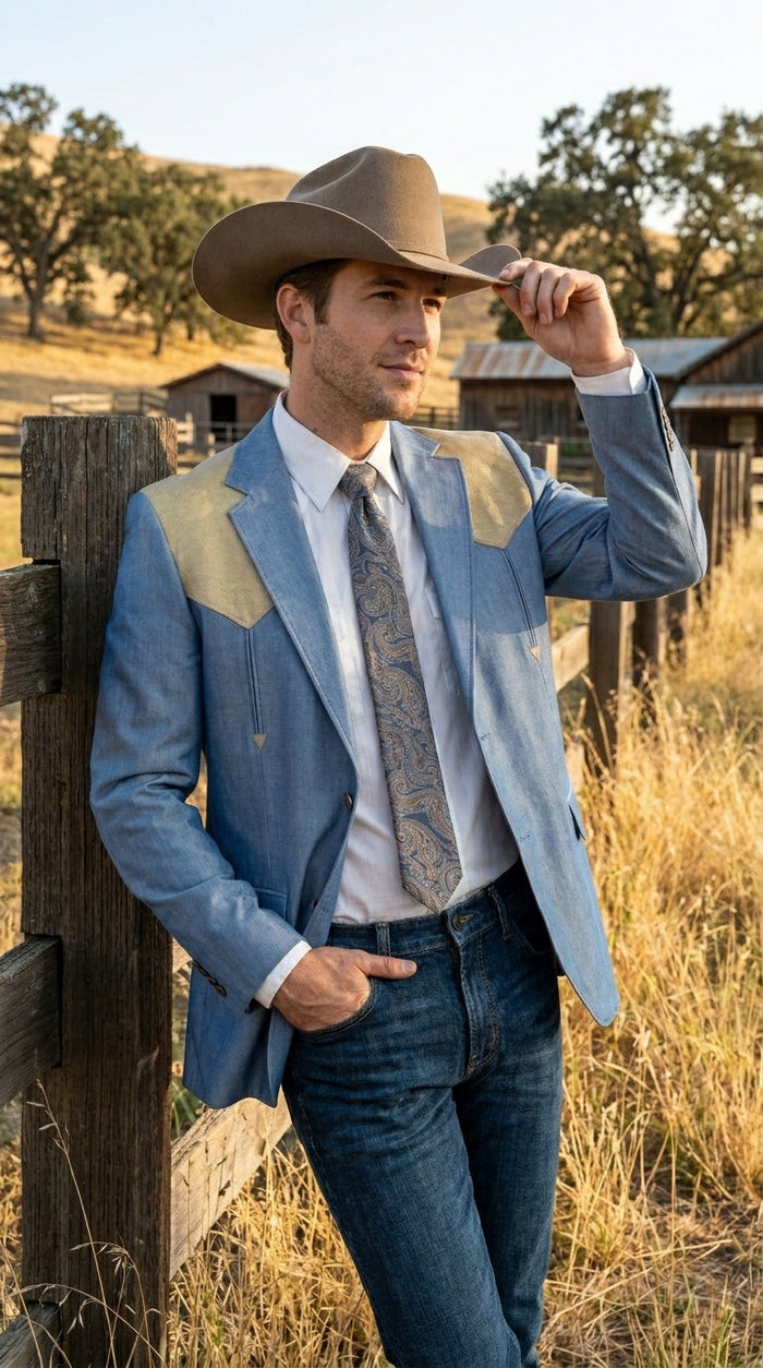 Men’s Steel - Light Blue and Off White Cream Color Western Cowboy Blazer – Shiny Country Style Dress Jacket for Rodeo Saco De Hombre Vaquero