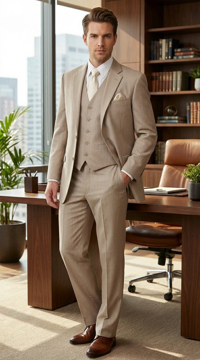 Men’s Tan Pinstripe Three Piece Suit – Classic Fit Pleated Pants  Tan Sand Beige Wedding, Church Shadow Ton on Tone  Business Suit for Men