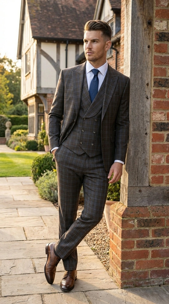 Vitali Men’s Brown Grey with Blue Check 3 Piece Suit – Classic Plaid Formal Suit Set with Blazer, Vest & Trousers, Business Wedding Party Wear for Men Slim Fit