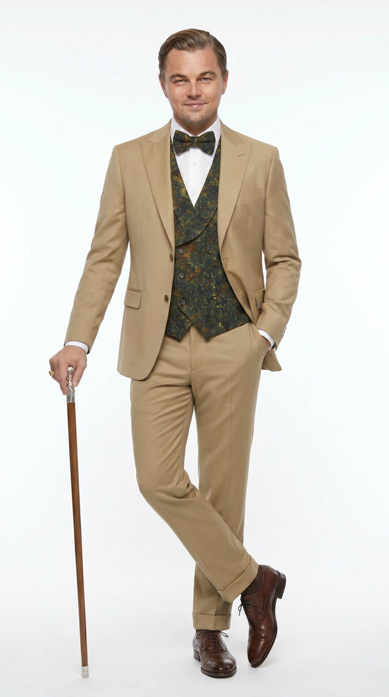 Men’s Khaki 3 Piece Suit with Patterned Vest, Great Gatsby Inspired Formal Suit for Weddings, Mardi Gra in Tan Camel Color