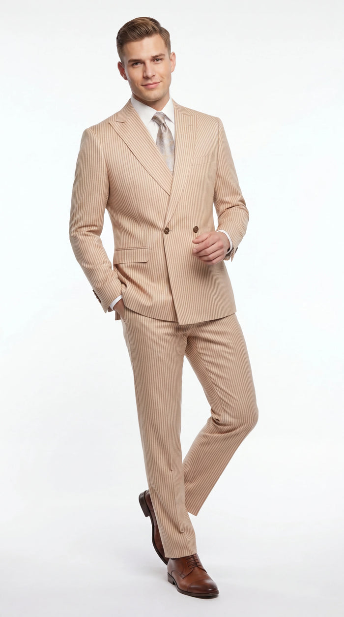 Vitali Men’s Tone on Tone Beige Pinstripe 2 Piece Suit, Double Breasted Summer Dress Suit for Weddings, Tan Beige Shadow Pinstripe