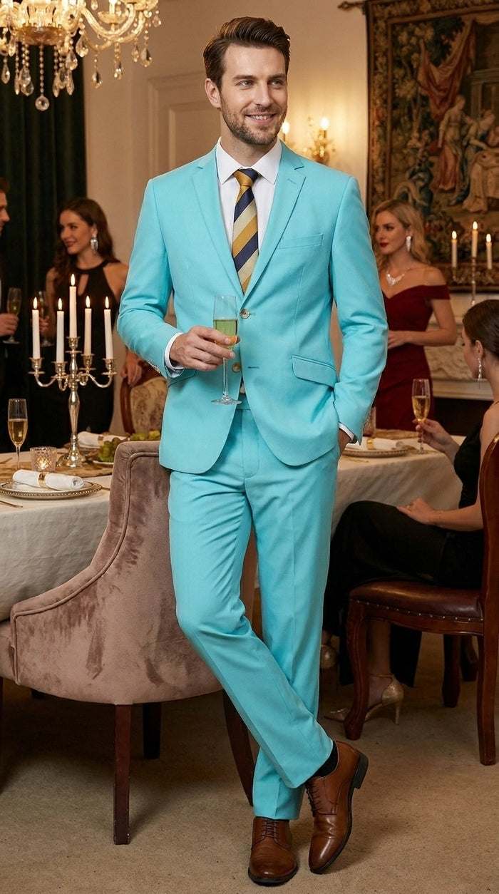 Men’s Aqua Blue 2 Piece 2 Button Suit, Formal Dress Suit for Weddings, Prom, Parties, Summer Events, Turquoise Light blue