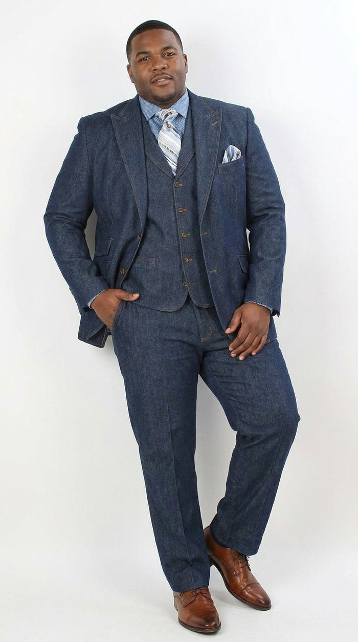 Men’s Pleated Pants Dark Blue Denim 3 Piece Suit – 100% Cotton Formal Suit Set, Blazer Vest Pants Outfit Classic Fit Athletic Fit Lose Fit