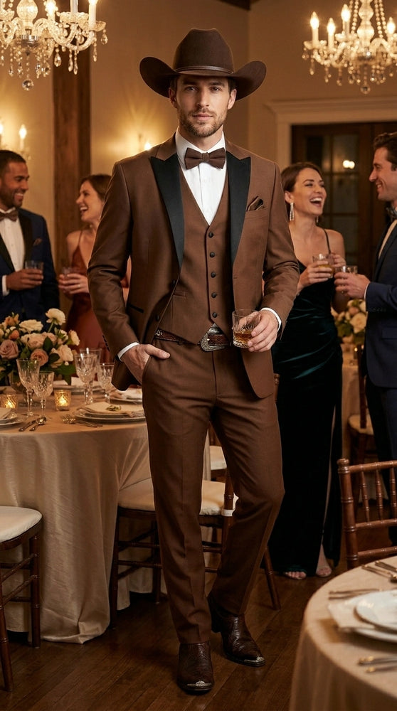 Men’s Light Brown Western Tuxedo 3 Piece Suit with Black Peak Collar Lapel, Country Look Cowboy Suit